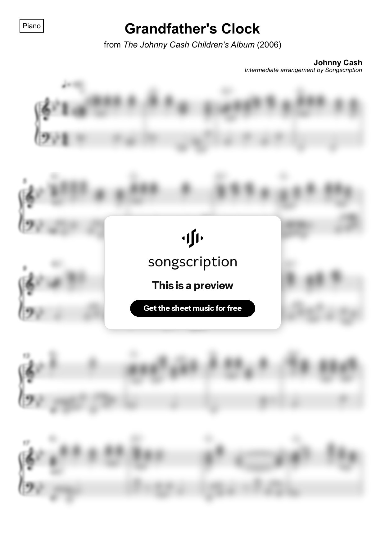 Intermediate Piano Sheet Music for "Grandfather's Clock" by Johnny Cash