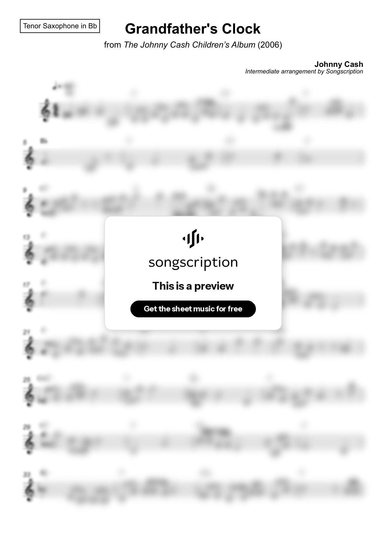 Intermediate Tenor Sax Sheet Music for "Grandfather's Clock" by Johnny Cash
