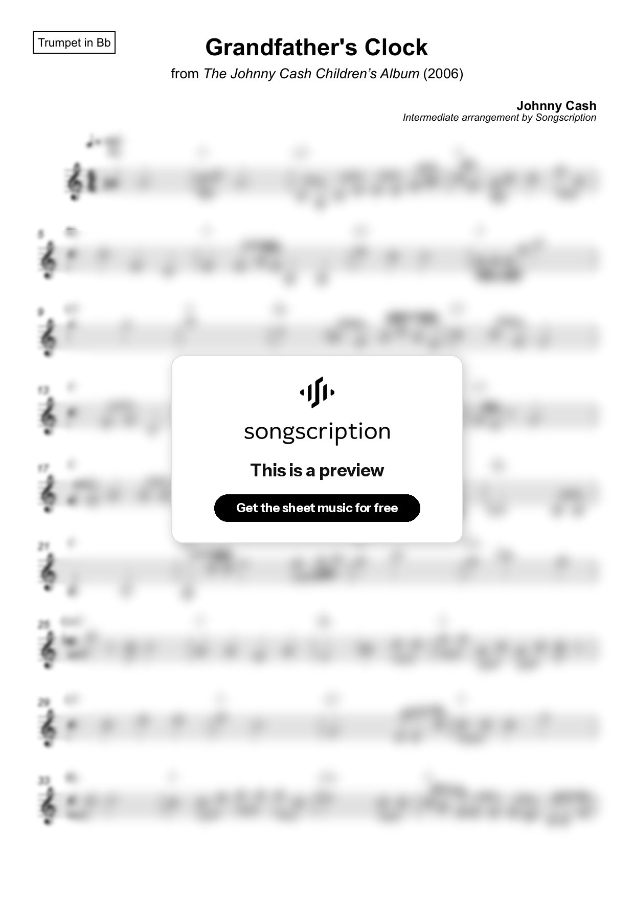 Intermediate Trumpet Sheet Music for "Grandfather's Clock" by Johnny Cash