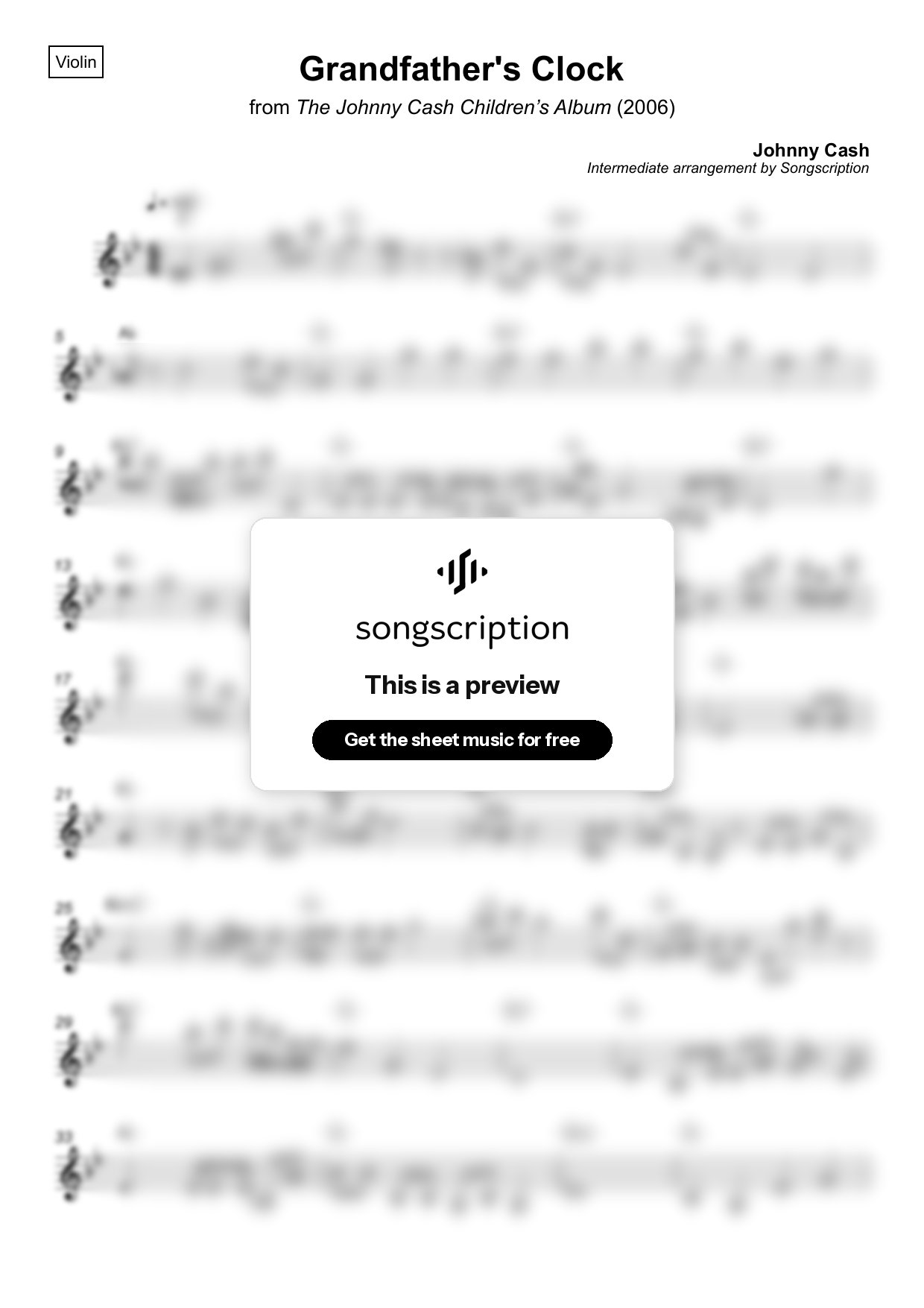 Intermediate Violin Sheet Music for "Grandfather's Clock" by Johnny Cash