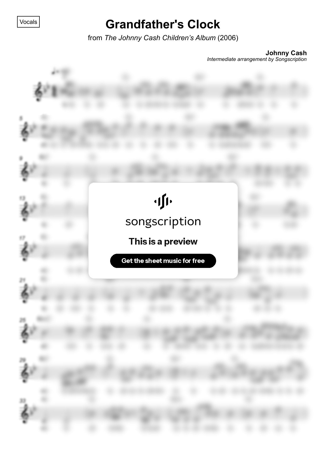 Intermediate Vocals Sheet Music for "Grandfather's Clock" by Johnny Cash