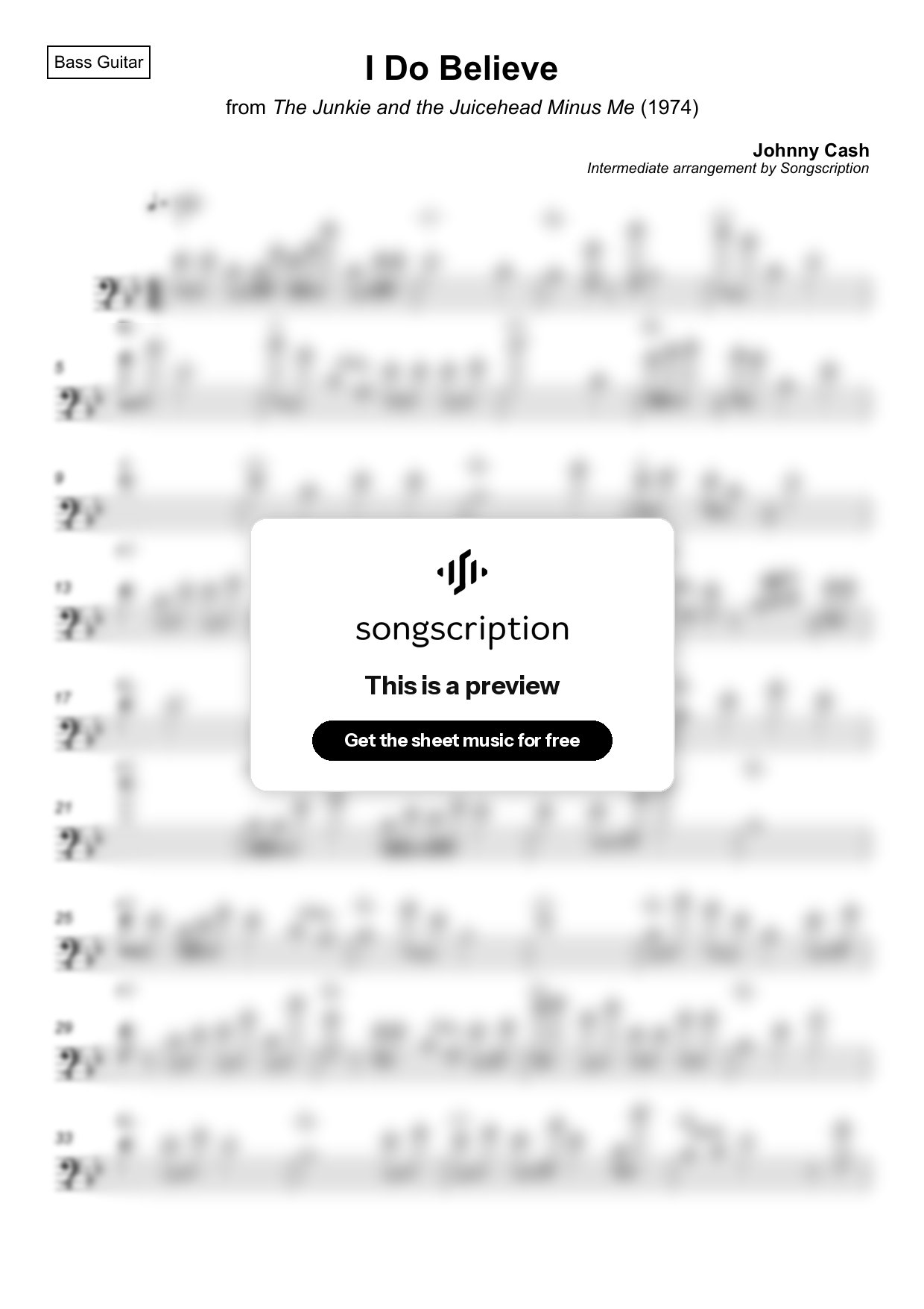 Intermediate Bass Guitar Sheet Music for "I Do Believe" by Johnny Cash