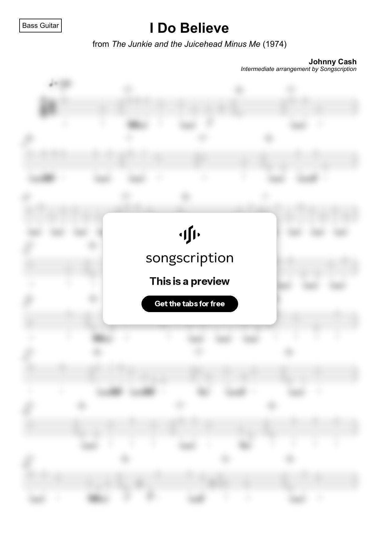 Intermediate Bass Guitar Tabs for "I Do Believe" by Johnny Cash
