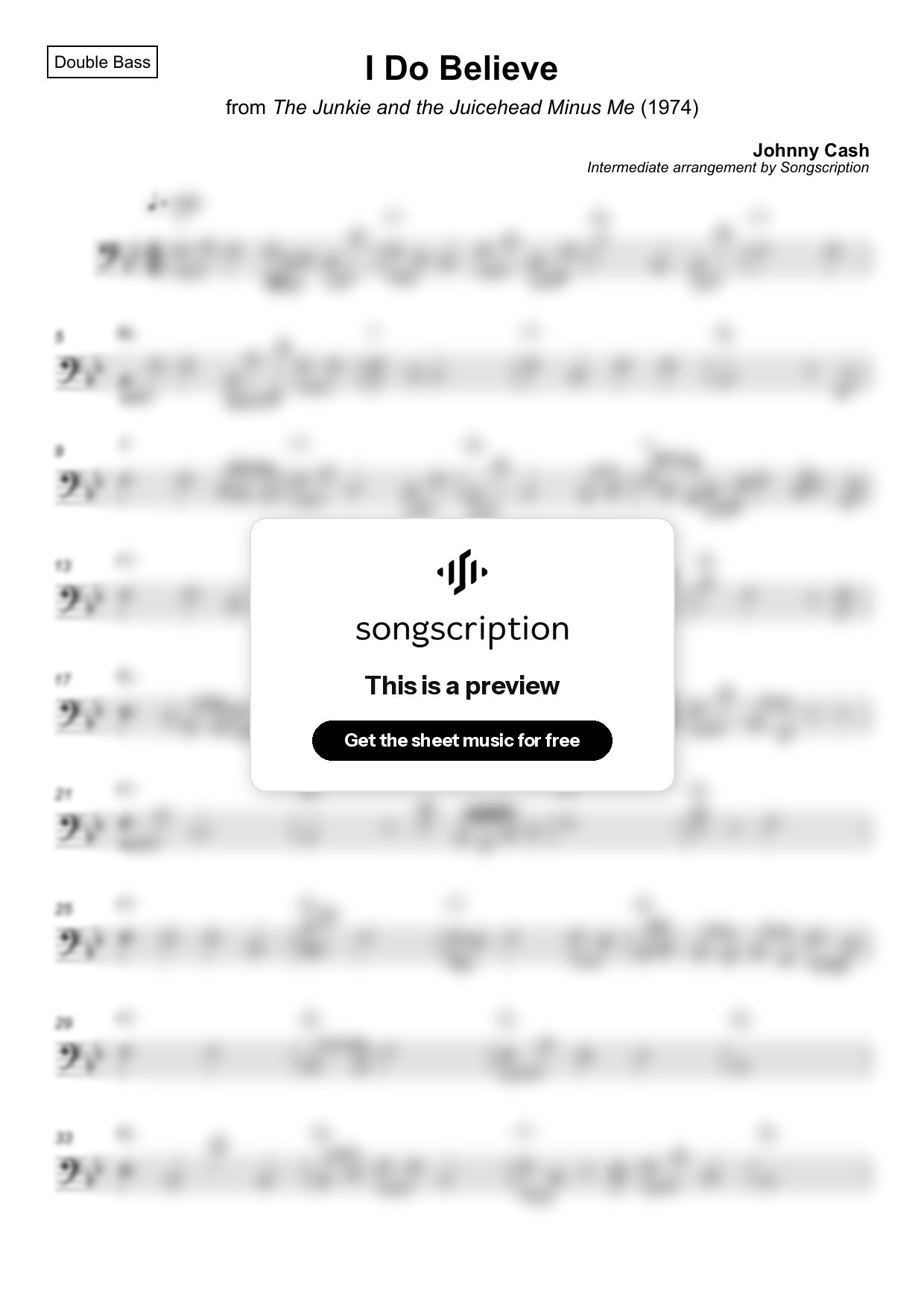 Intermediate Double Bass Sheet Music for "I Do Believe" by Johnny Cash