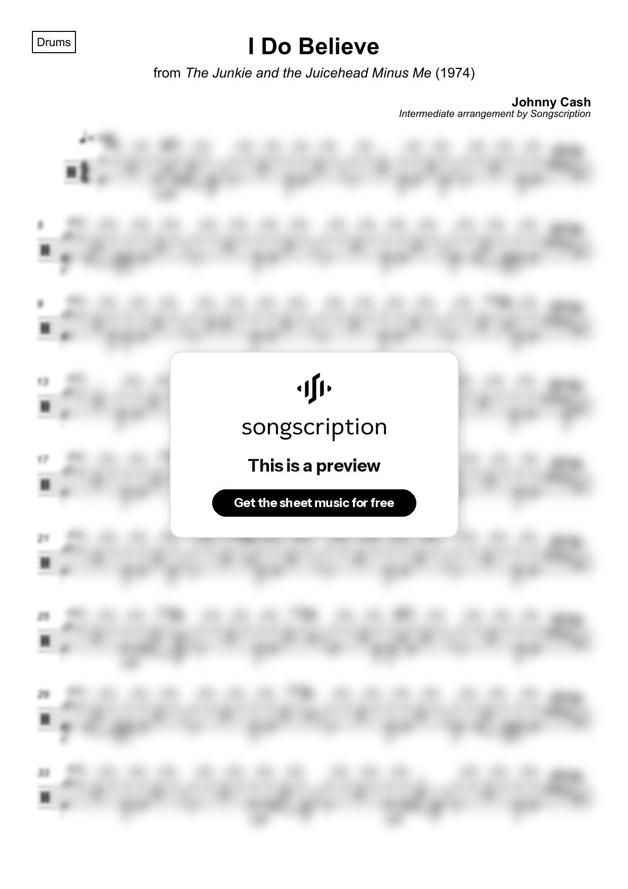 Intermediate Drums Sheet Music for "I Do Believe" by Johnny Cash