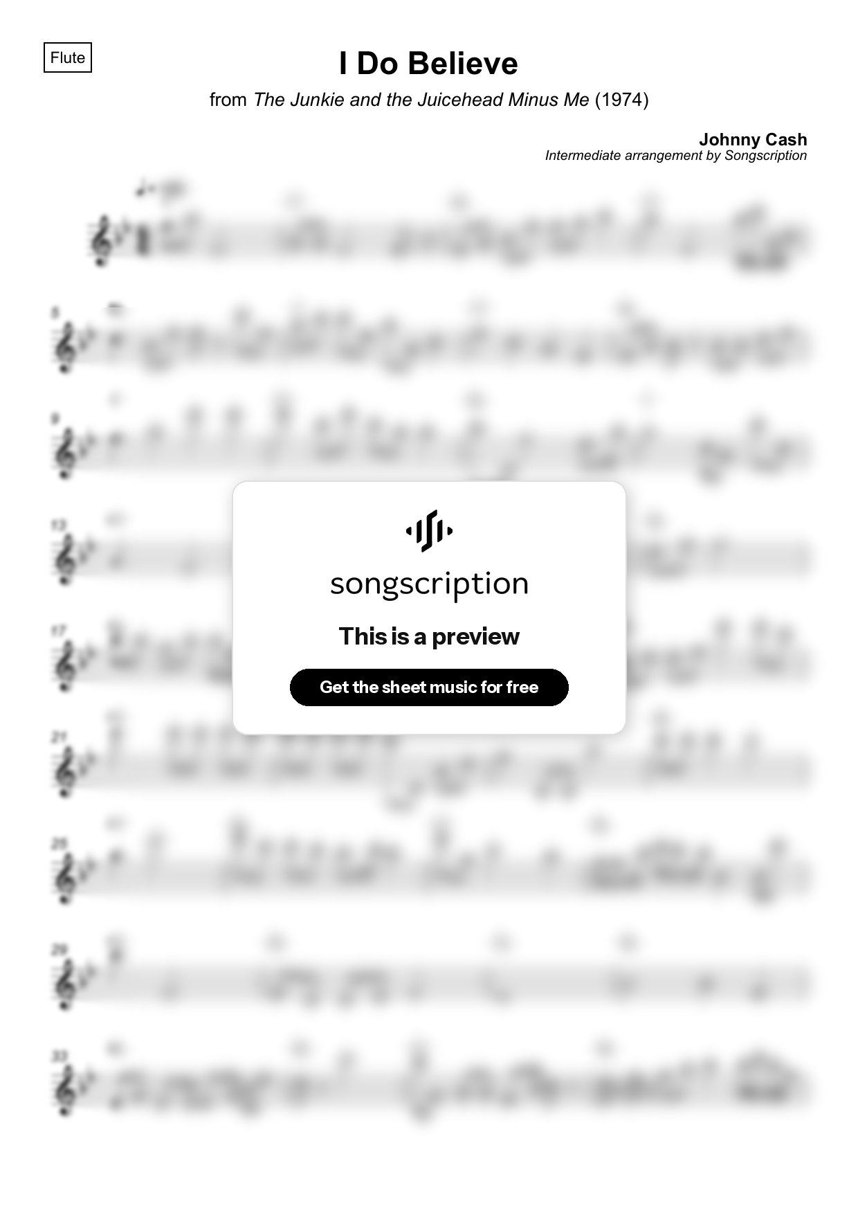 Intermediate Flute Sheet Music for "I Do Believe" by Johnny Cash