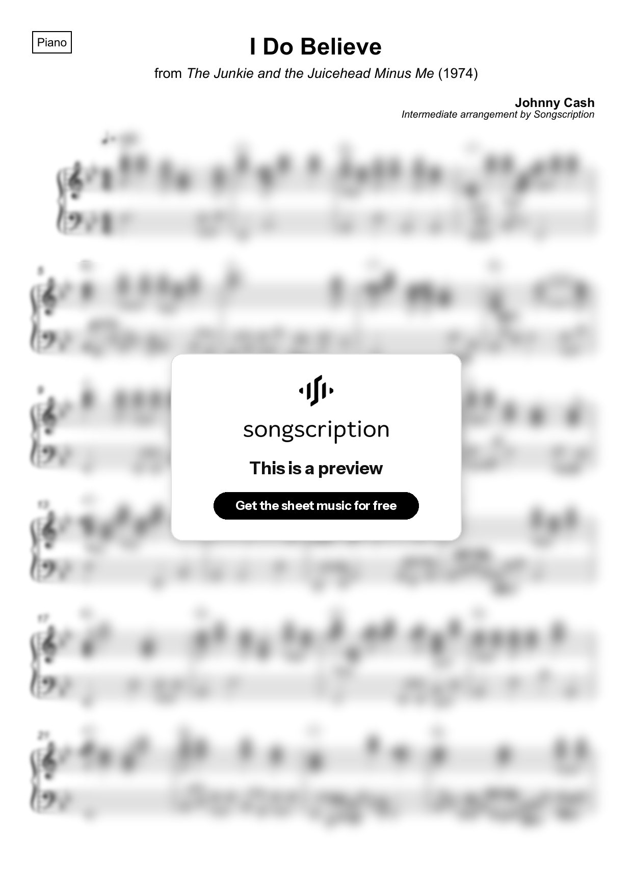 Intermediate Piano Sheet Music for "I Do Believe" by Johnny Cash