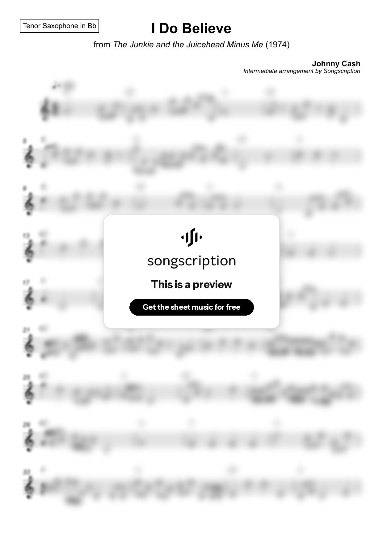 Intermediate Tenor Sax Sheet Music for "I Do Believe" by Johnny Cash