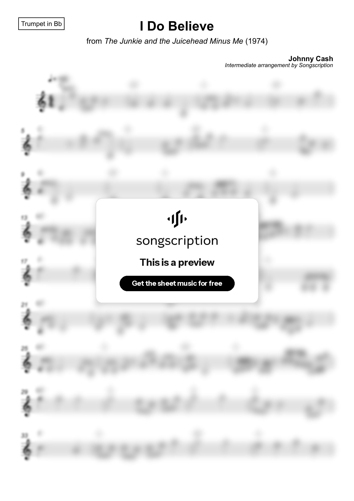 Intermediate Trumpet Sheet Music for "I Do Believe" by Johnny Cash