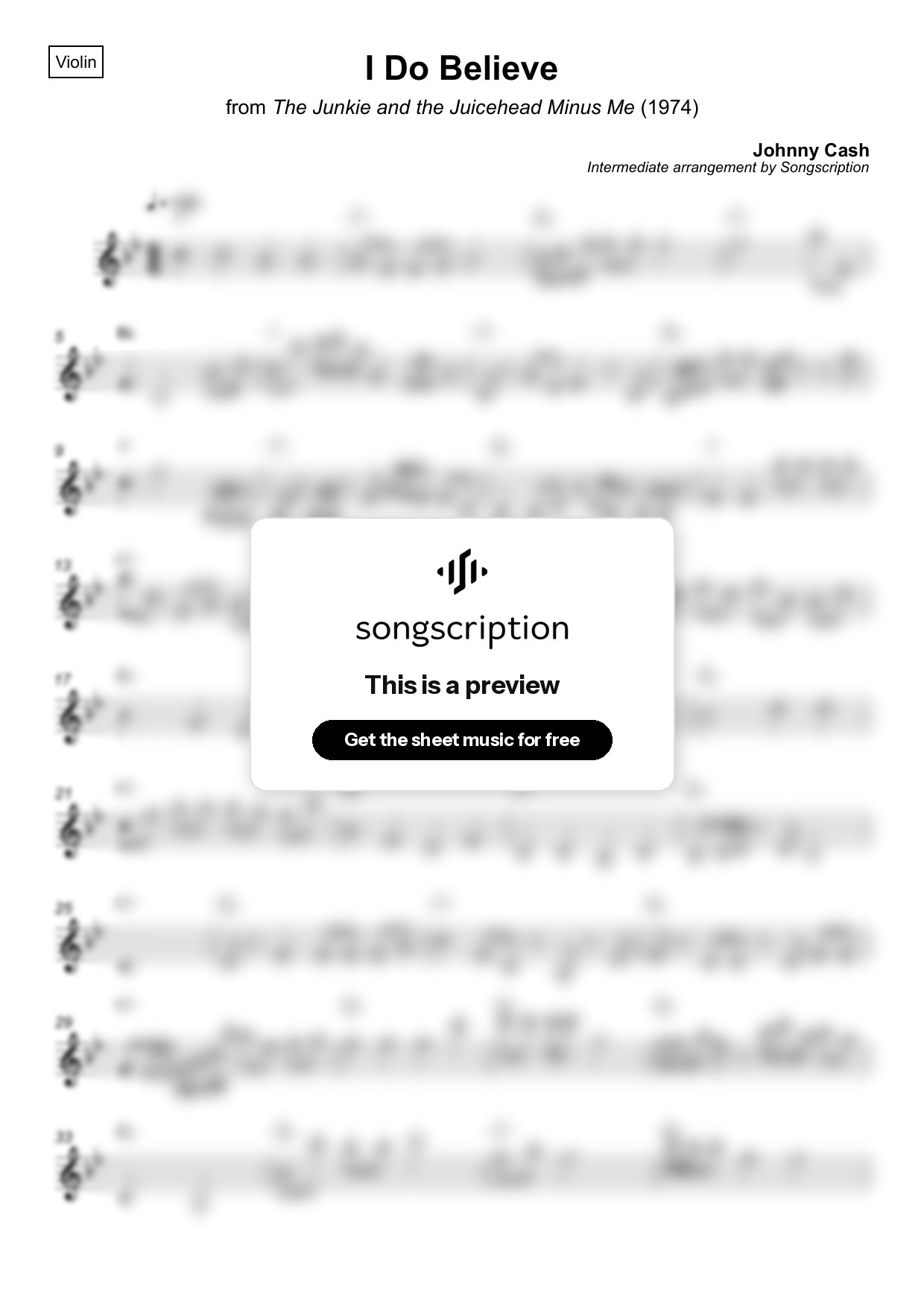 Intermediate Violin Sheet Music for "I Do Believe" by Johnny Cash