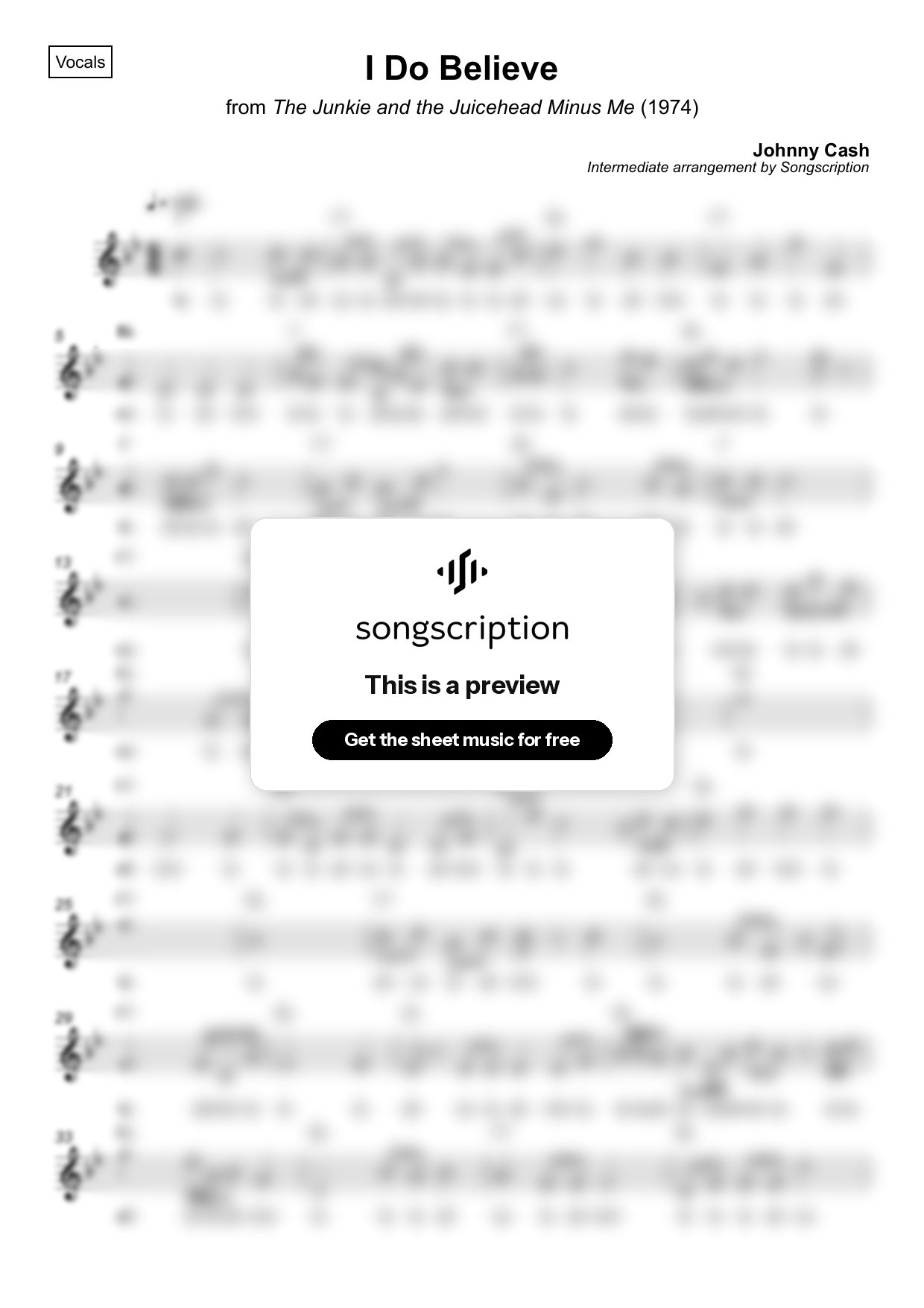 Intermediate Vocals Sheet Music for "I Do Believe" by Johnny Cash