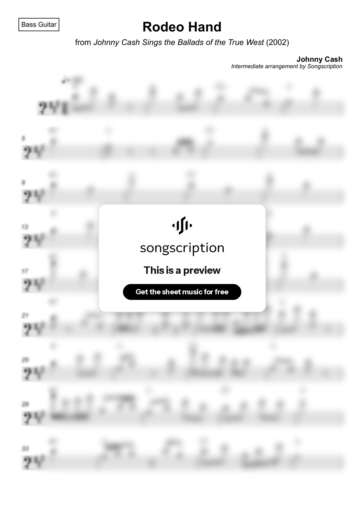Intermediate Bass Guitar Sheet Music for "Rodeo Hand" by Johnny Cash