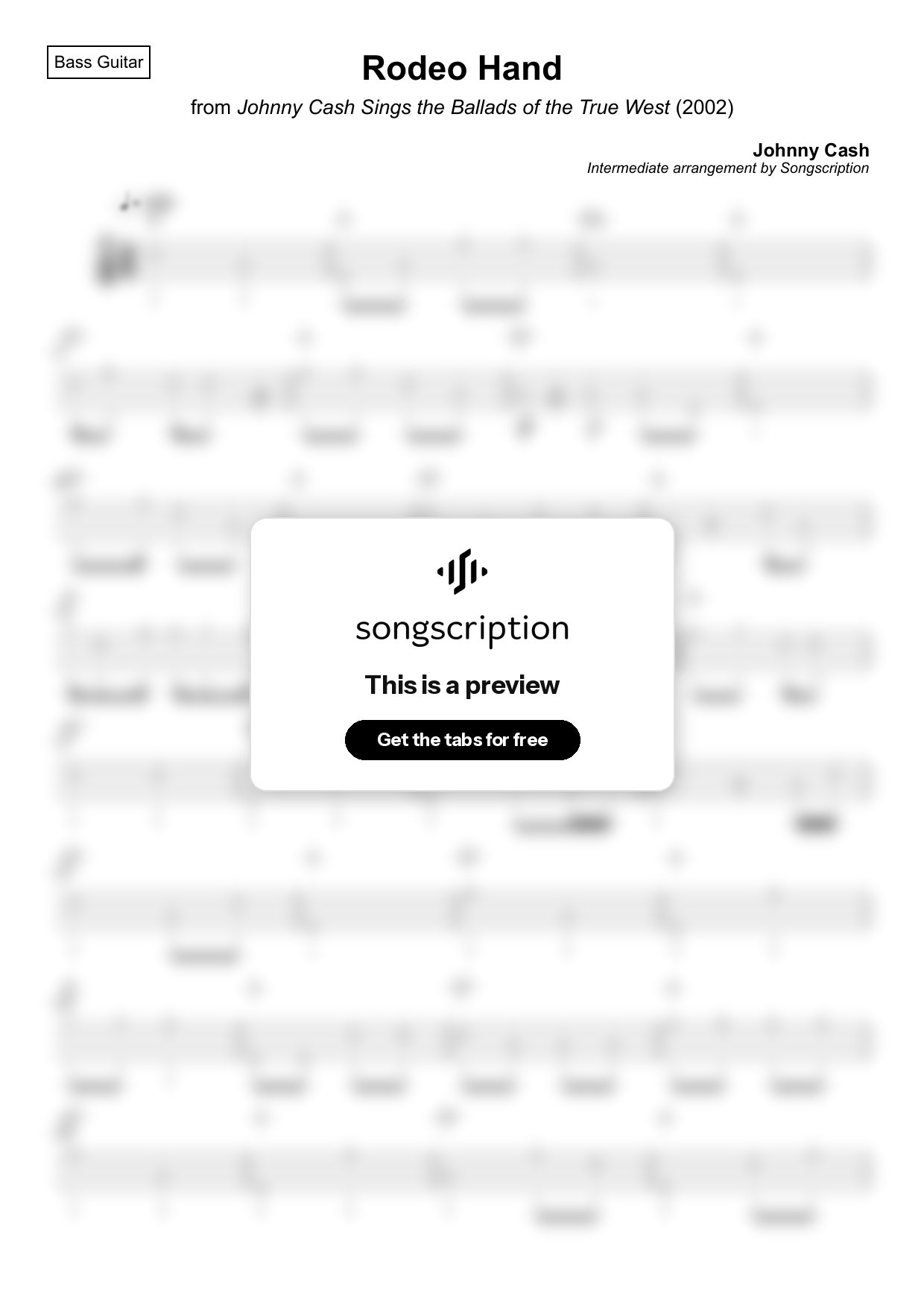 Intermediate Bass Guitar Tabs for "Rodeo Hand" by Johnny Cash