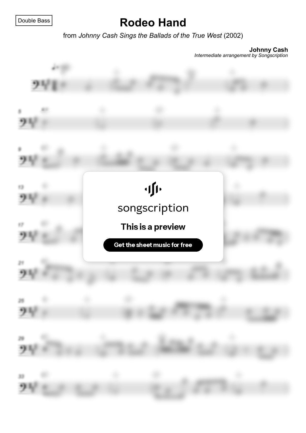 Intermediate Double Bass Sheet Music for "Rodeo Hand" by Johnny Cash