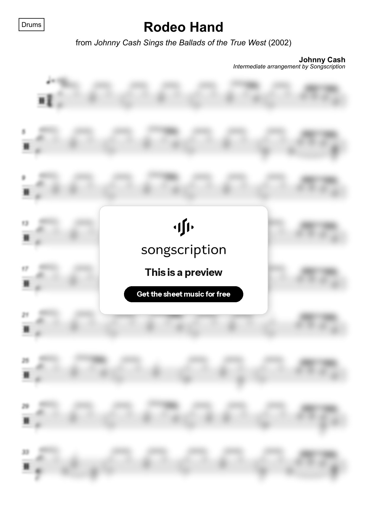Intermediate Drums Sheet Music for "Rodeo Hand" by Johnny Cash