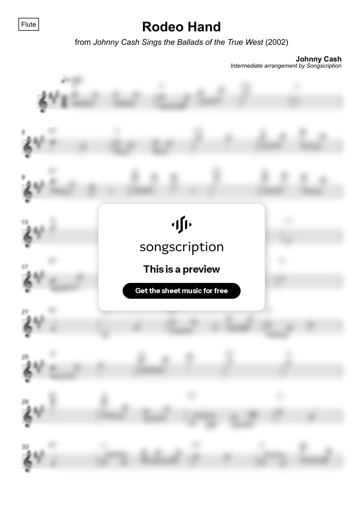 Intermediate Flute Sheet Music for "Rodeo Hand" by Johnny Cash