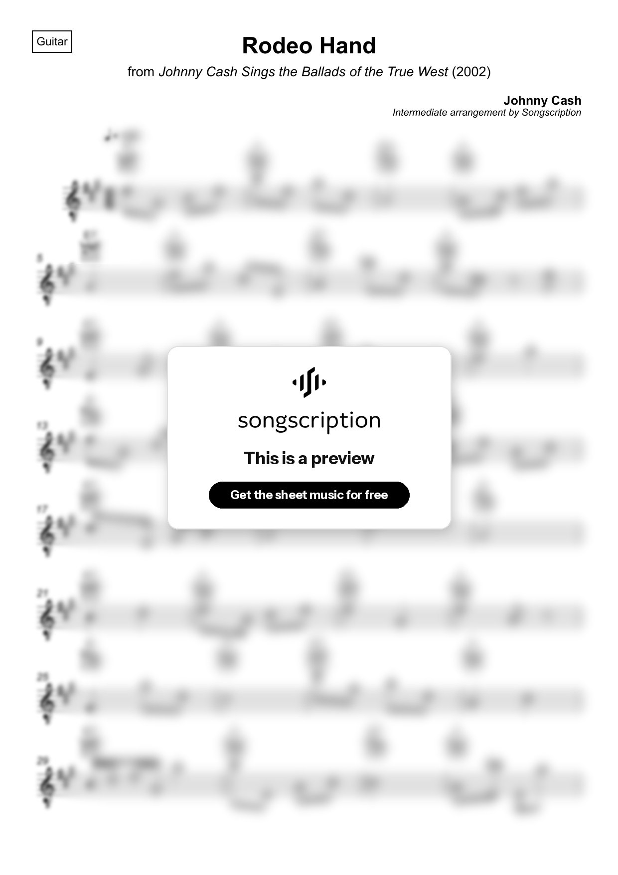 Intermediate Acoustic Guitar Sheet Music for "Rodeo Hand" by Johnny Cash