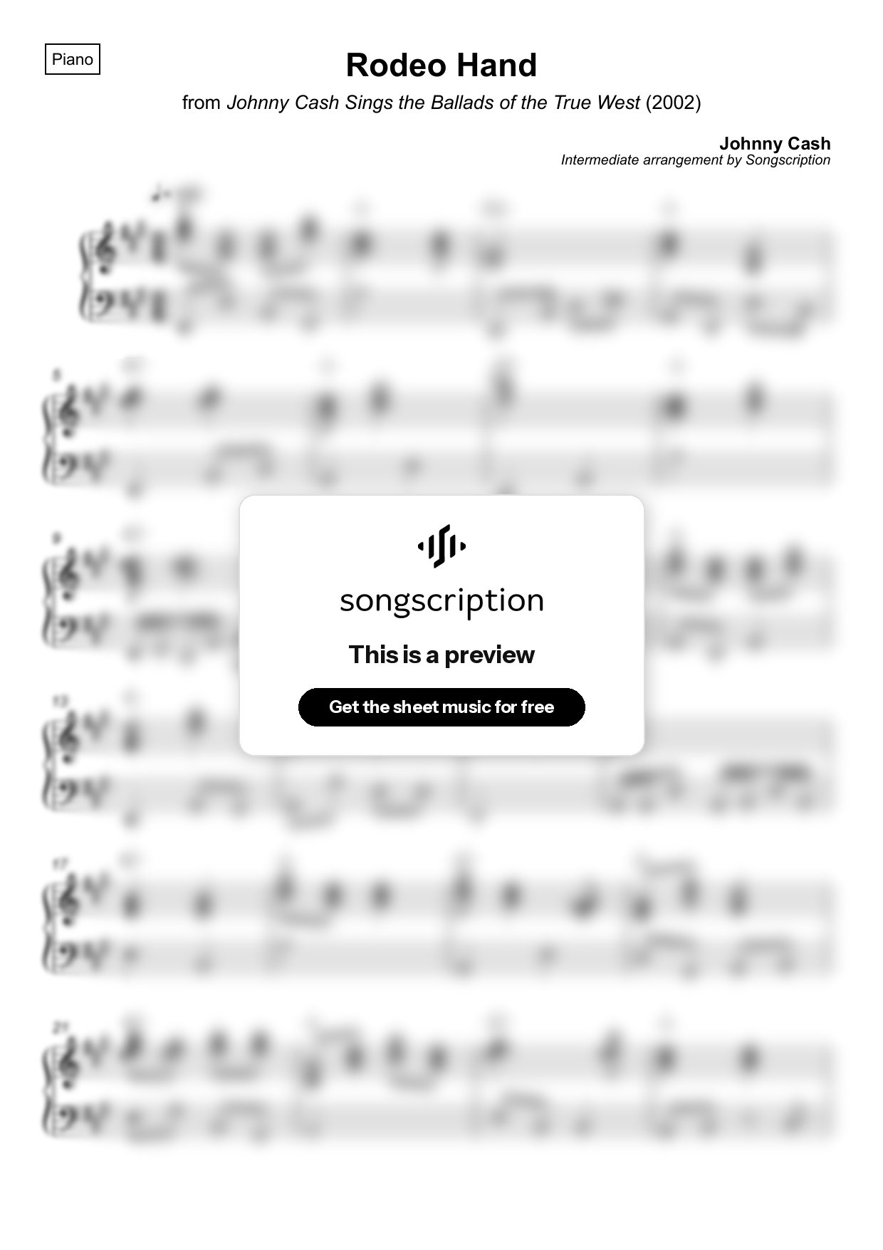 Intermediate Piano Sheet Music for "Rodeo Hand" by Johnny Cash