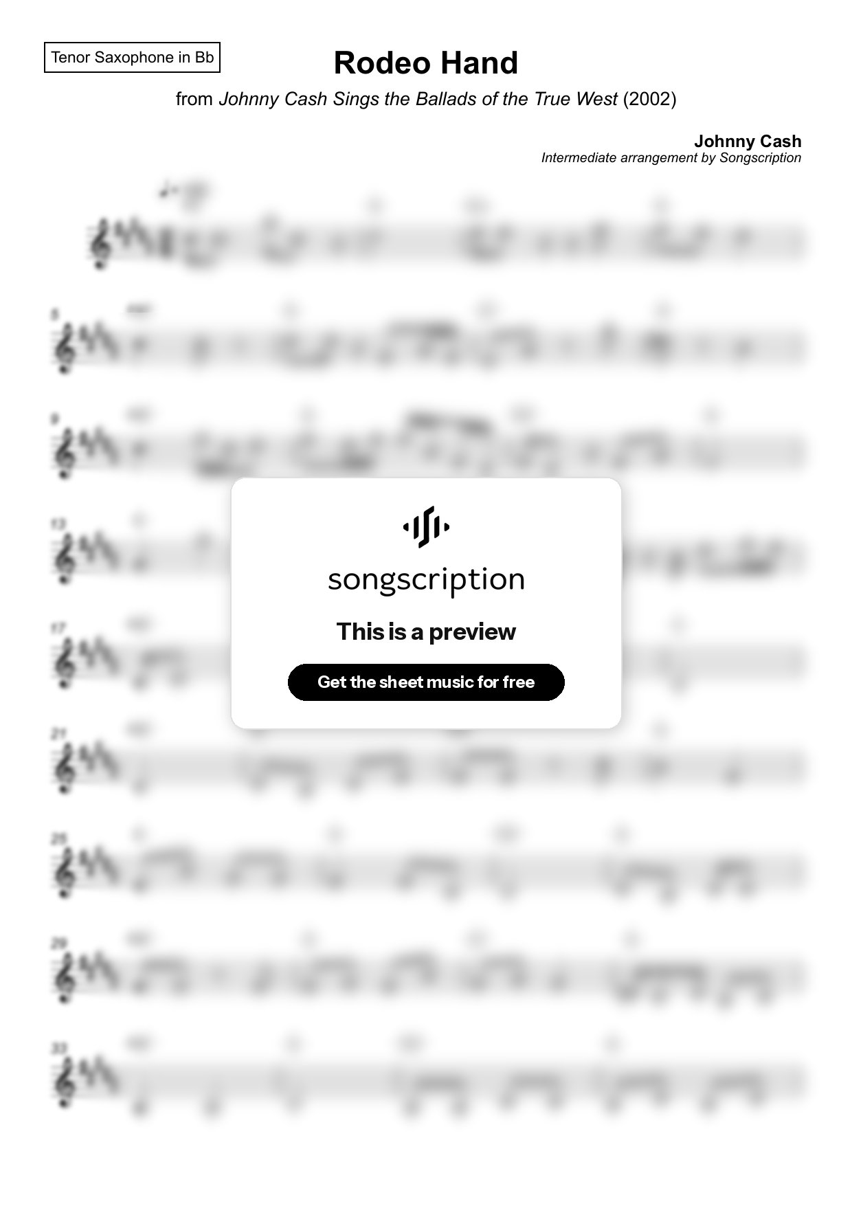 Intermediate Tenor Sax Sheet Music for "Rodeo Hand" by Johnny Cash