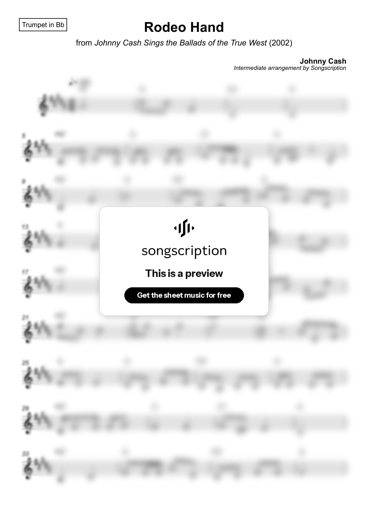 Intermediate Trumpet Sheet Music for "Rodeo Hand" by Johnny Cash