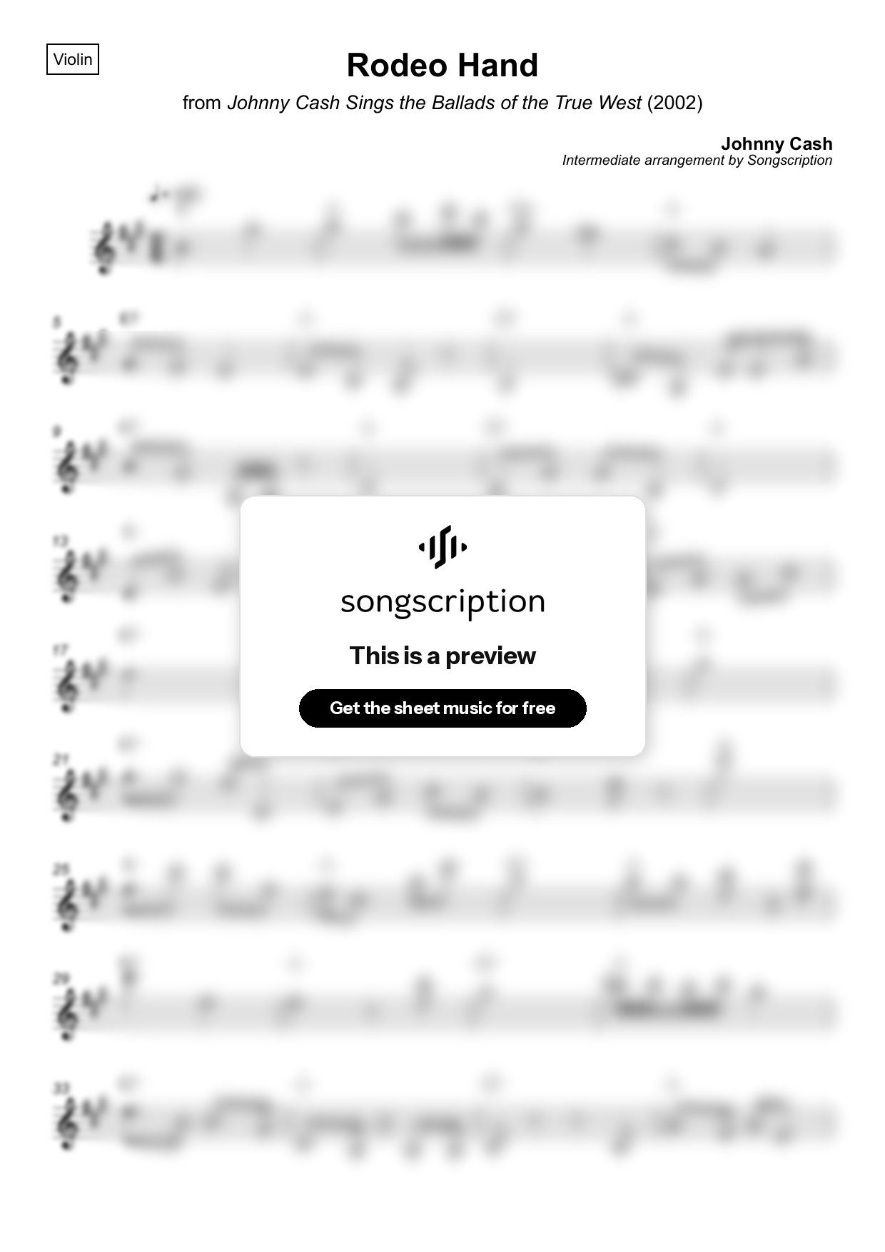 Intermediate Violin Sheet Music for "Rodeo Hand" by Johnny Cash
