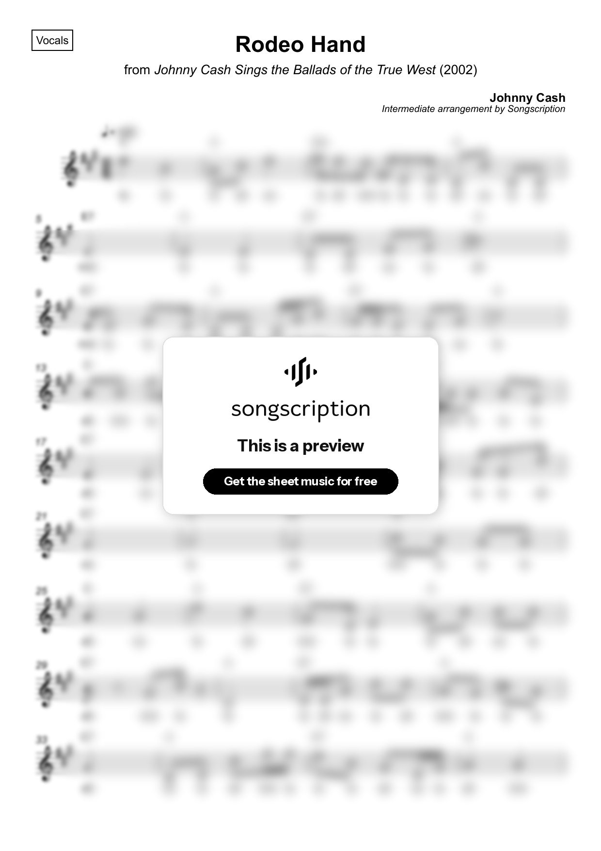 Intermediate Vocals Sheet Music for "Rodeo Hand" by Johnny Cash
