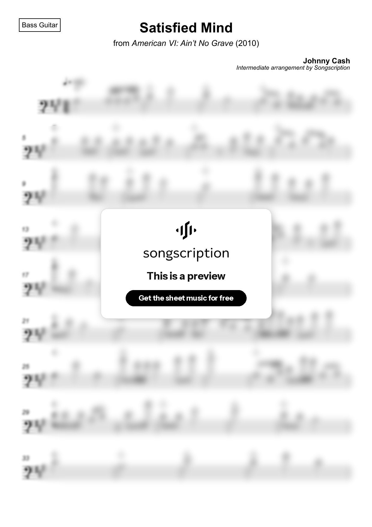 Intermediate Bass Guitar Sheet Music for "Satisfied Mind" by Johnny Cash