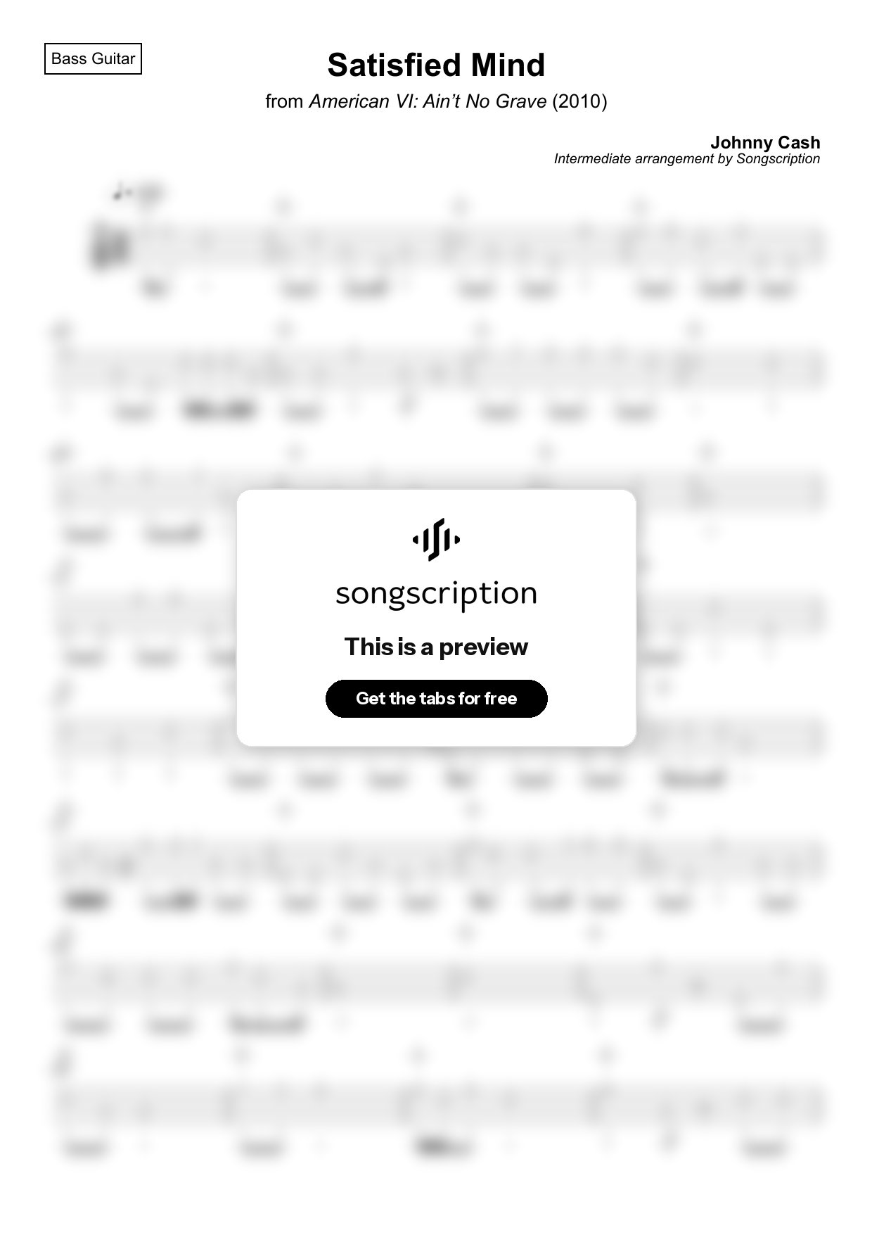 Intermediate Bass Guitar Tabs for "Satisfied Mind" by Johnny Cash