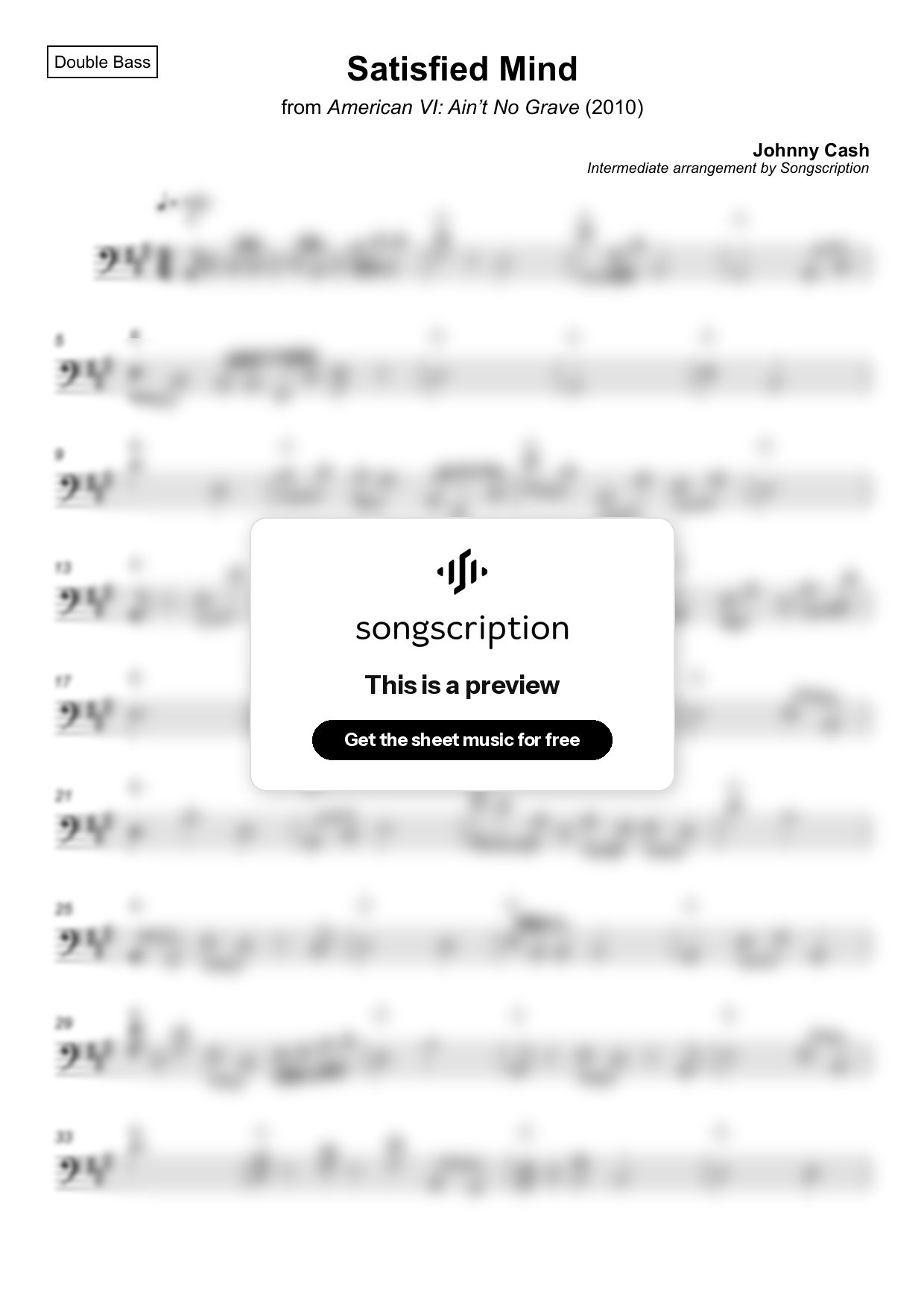 Intermediate Double Bass Sheet Music for "Satisfied Mind" by Johnny Cash