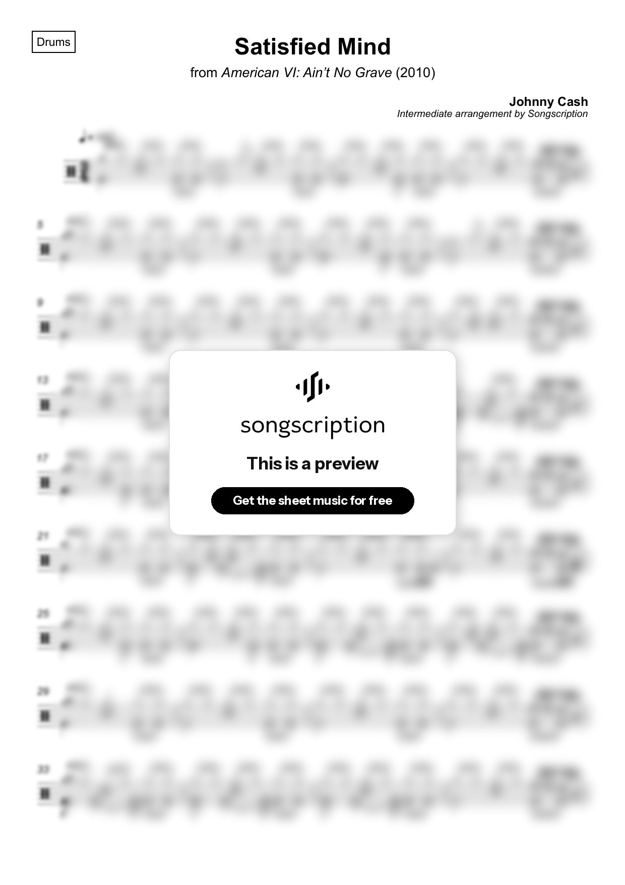 Intermediate Drums Sheet Music for "Satisfied Mind" by Johnny Cash