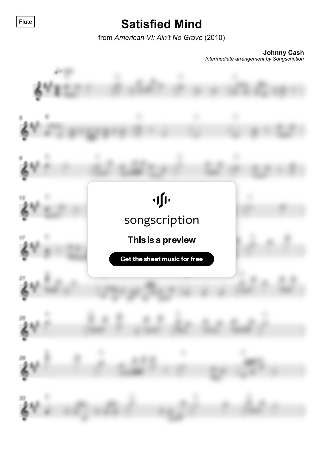 Intermediate Flute Sheet Music for "Satisfied Mind" by Johnny Cash