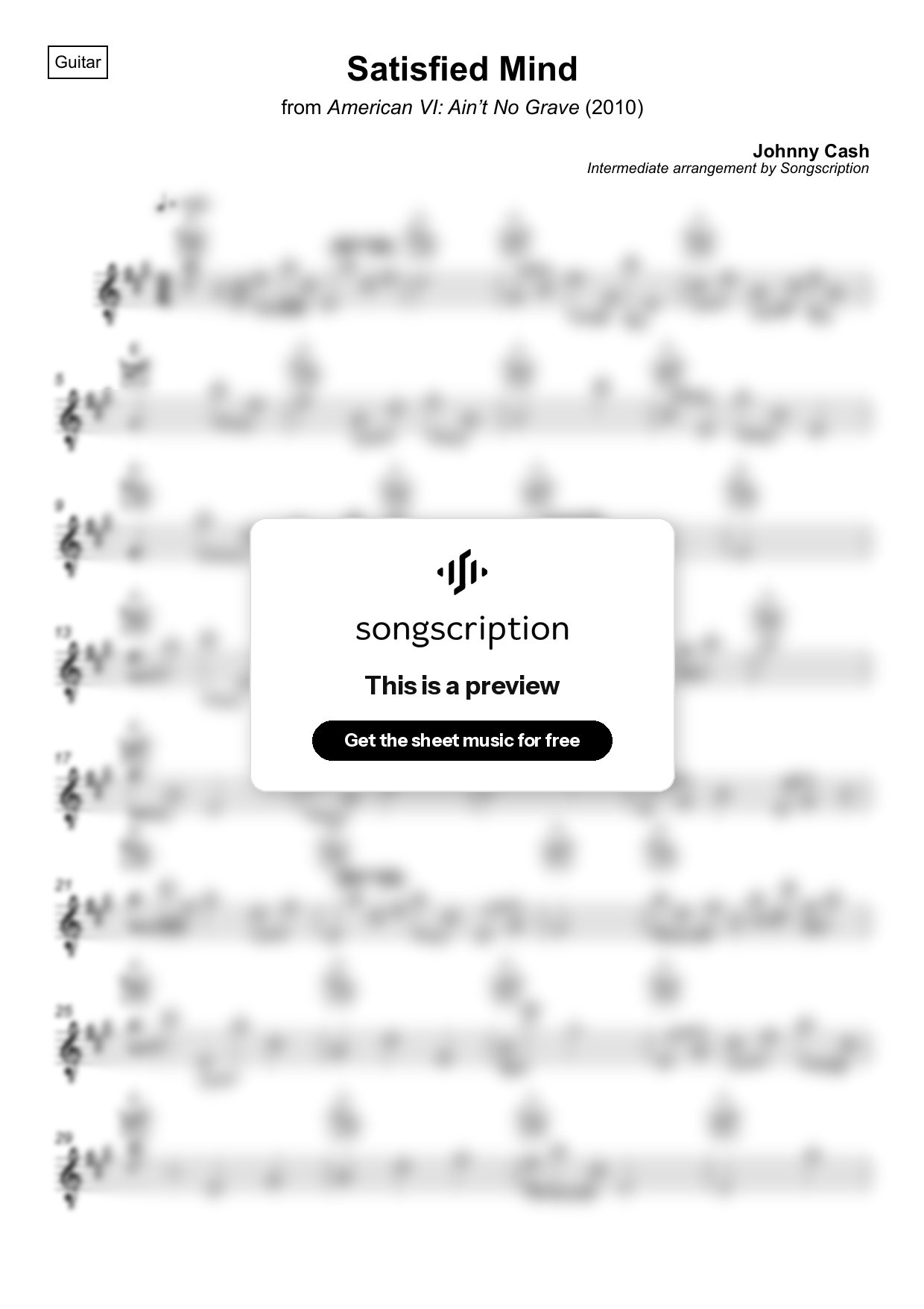 Intermediate Acoustic Guitar Sheet Music for "Satisfied Mind" by Johnny Cash