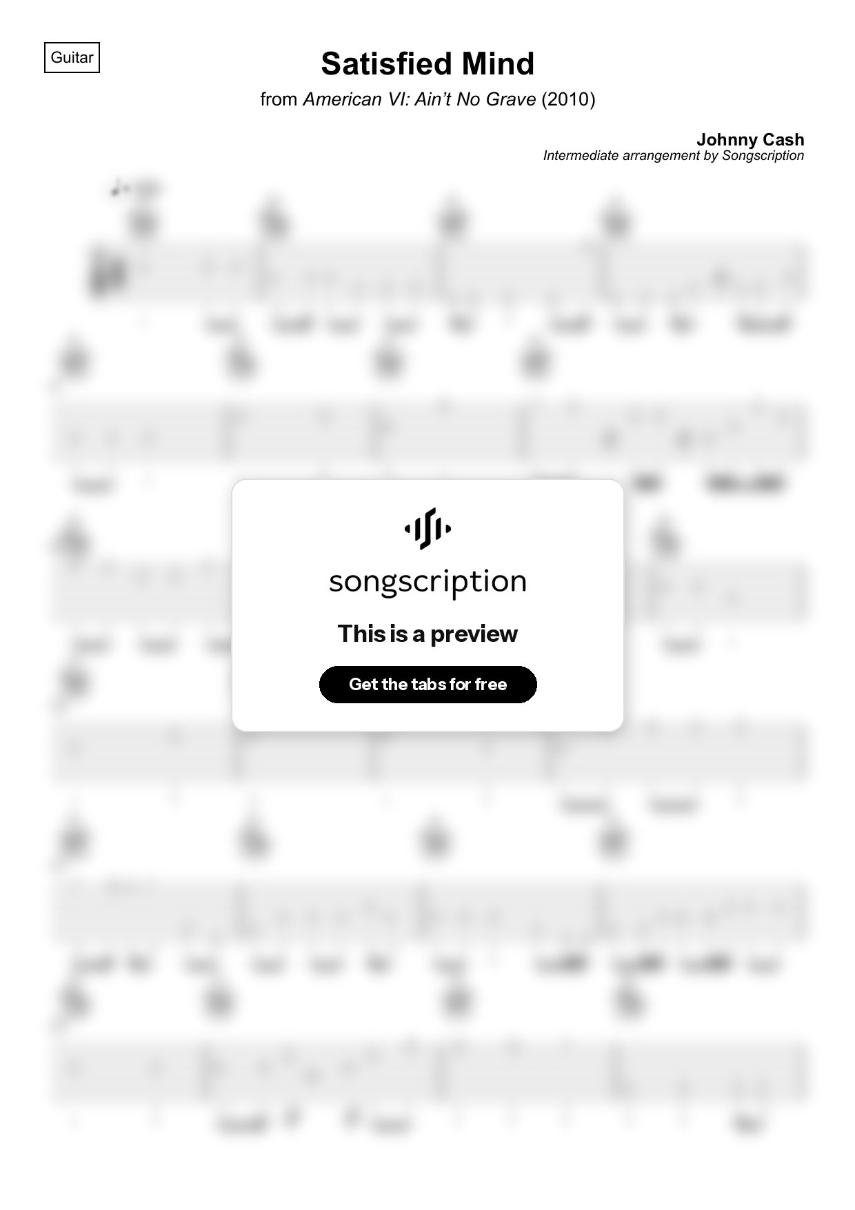Intermediate Acoustic Guitar Tabs for "Satisfied Mind" by Johnny Cash