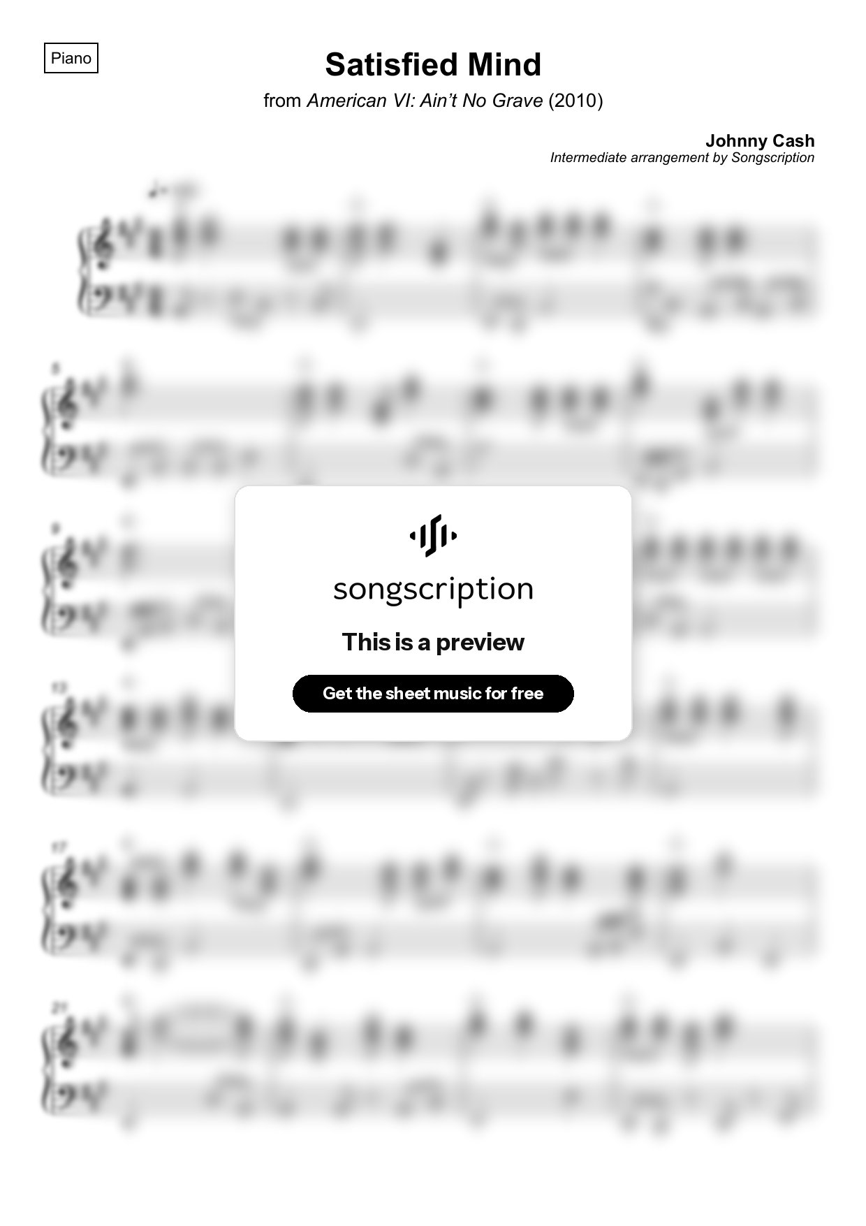Intermediate Piano Sheet Music for "Satisfied Mind" by Johnny Cash