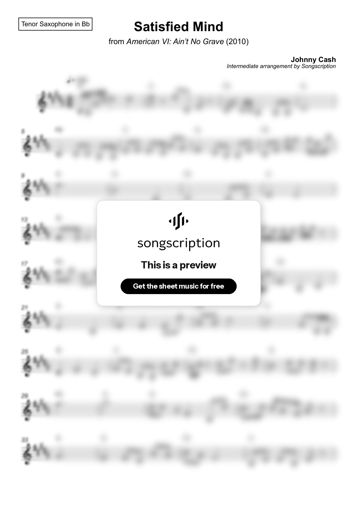 Intermediate Tenor Sax Sheet Music for "Satisfied Mind" by Johnny Cash