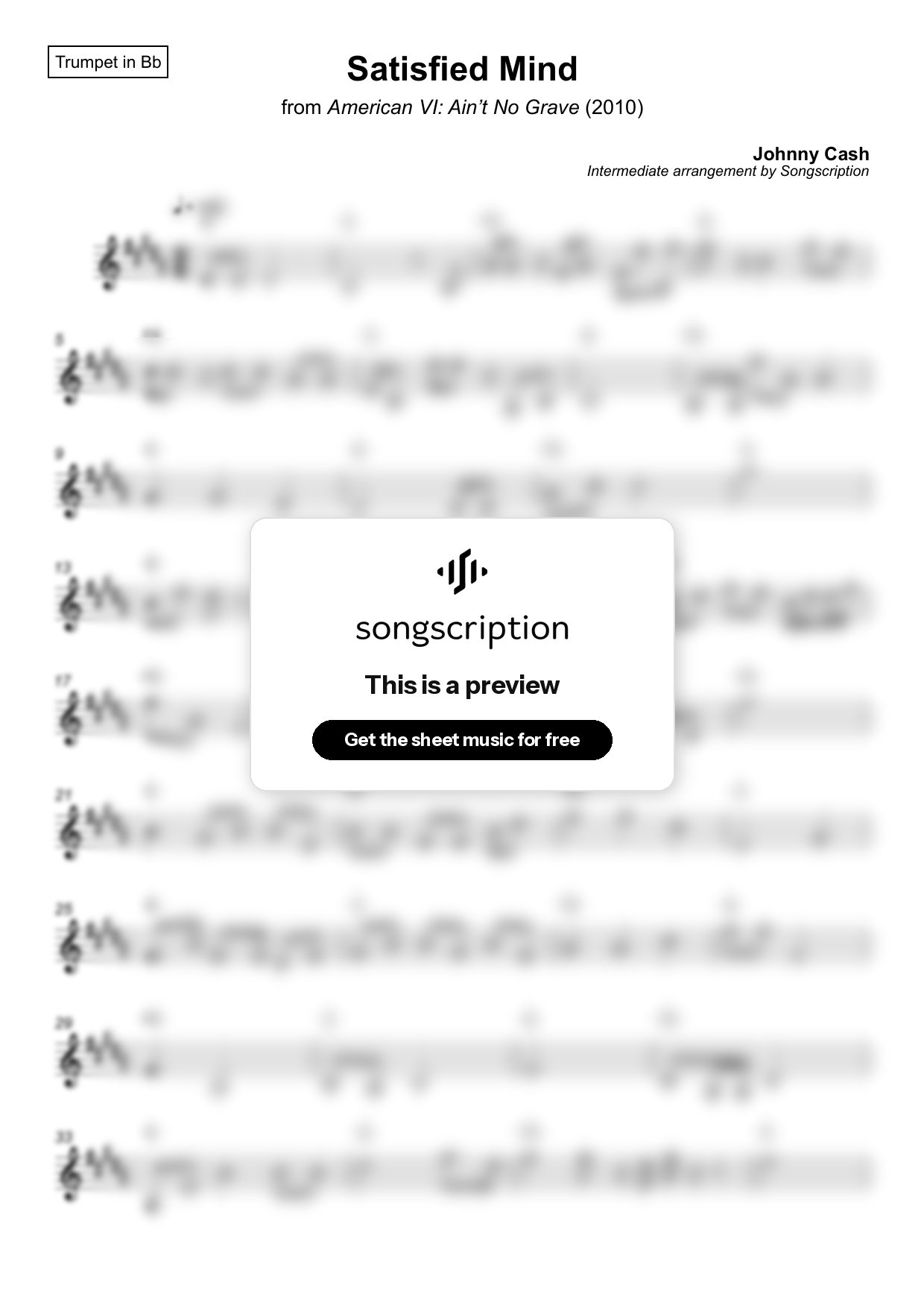 Intermediate Trumpet Sheet Music for "Satisfied Mind" by Johnny Cash