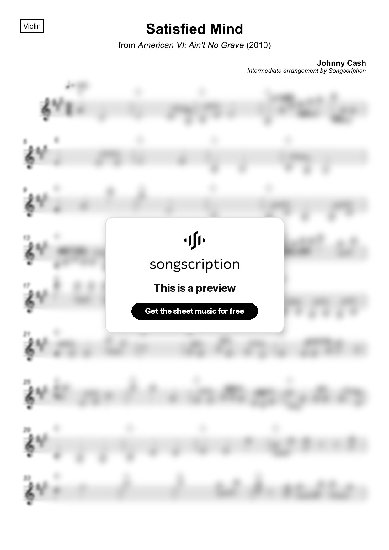 Intermediate Violin Sheet Music for "Satisfied Mind" by Johnny Cash