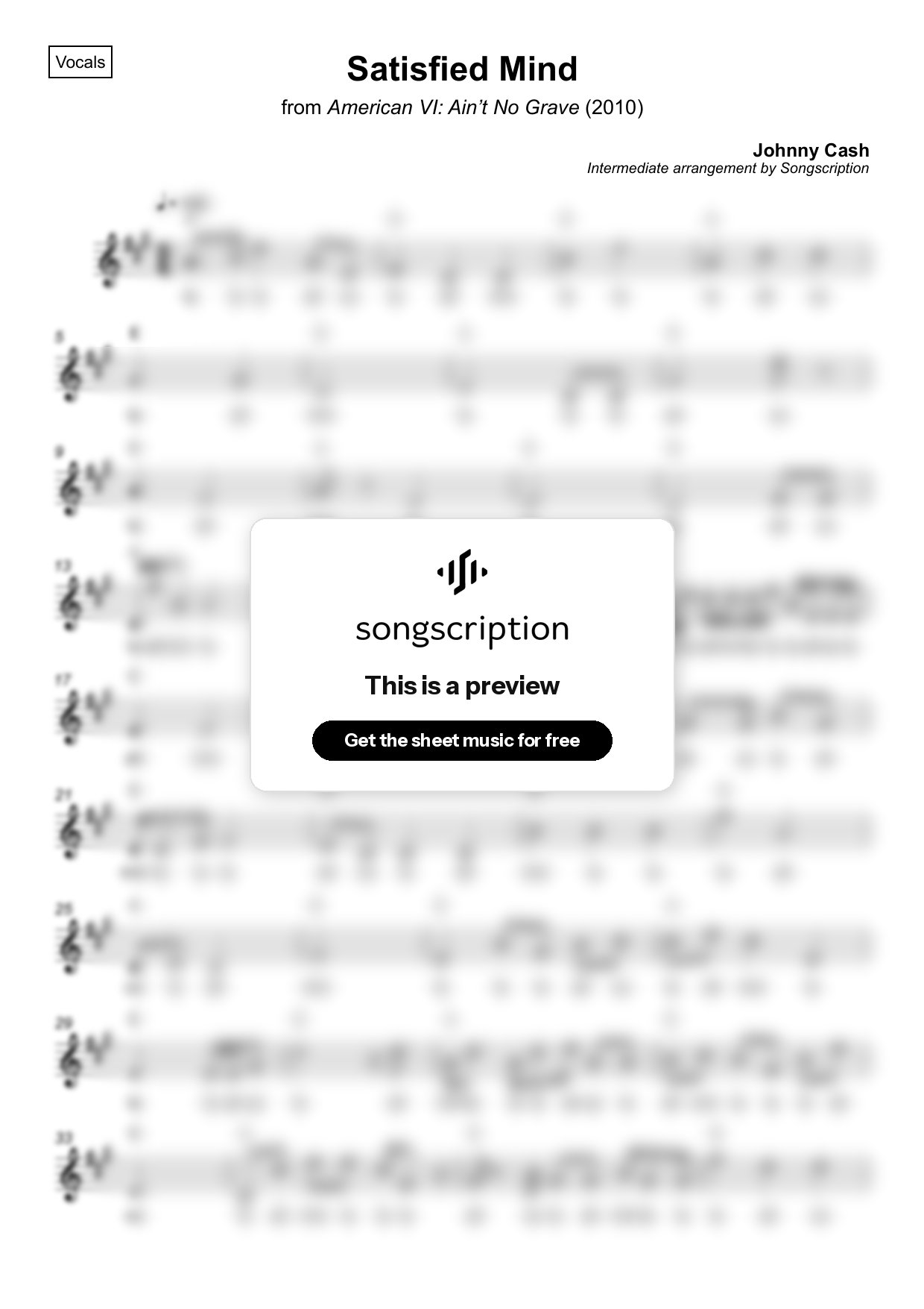 Intermediate Vocals Sheet Music for "Satisfied Mind" by Johnny Cash