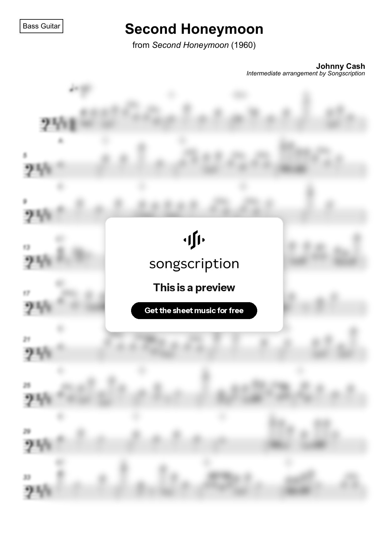 Intermediate Bass Guitar Sheet Music for "Second Honeymoon" by Johnny Cash