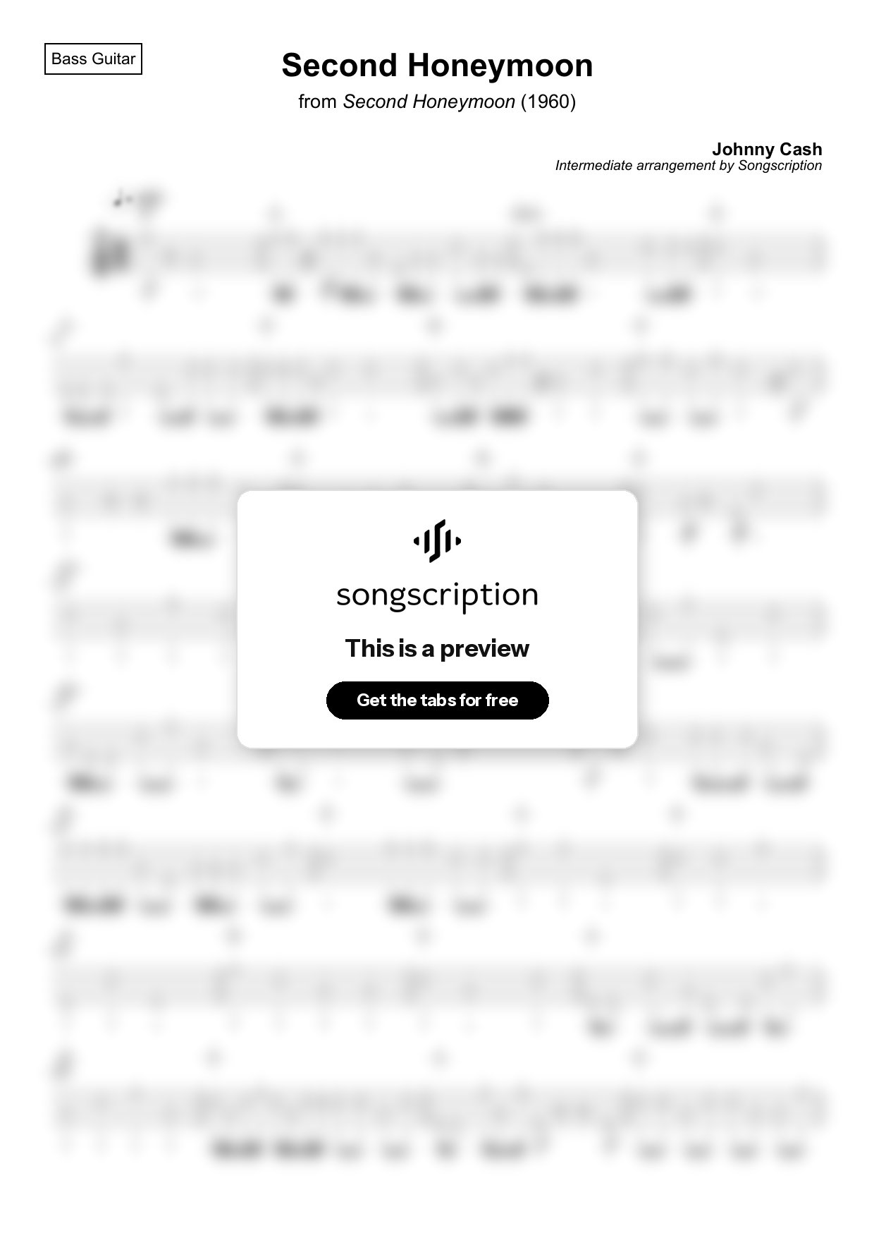 Intermediate Bass Guitar Tabs for "Second Honeymoon" by Johnny Cash