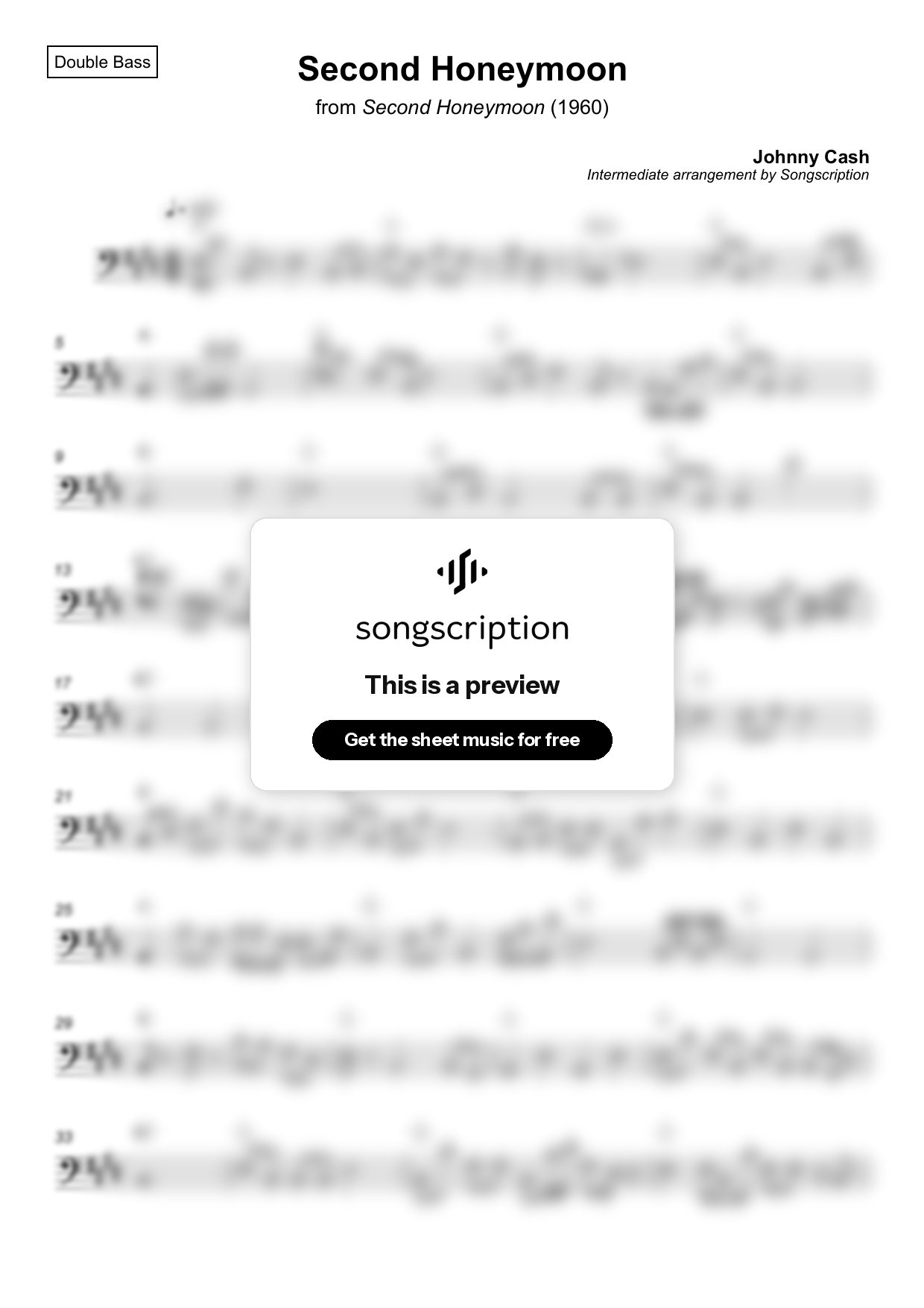 Intermediate Double Bass Sheet Music for "Second Honeymoon" by Johnny Cash