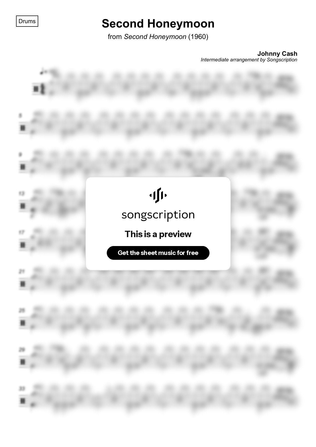 Intermediate Drums Sheet Music for "Second Honeymoon" by Johnny Cash