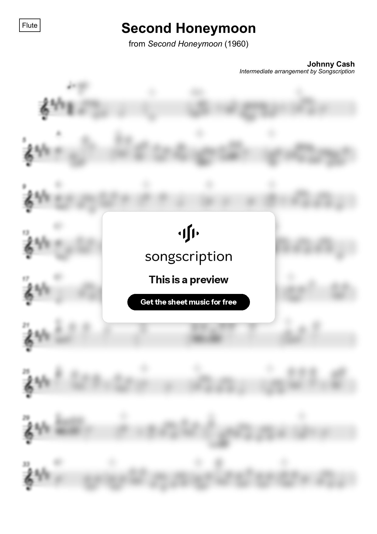 Intermediate Flute Sheet Music for "Second Honeymoon" by Johnny Cash