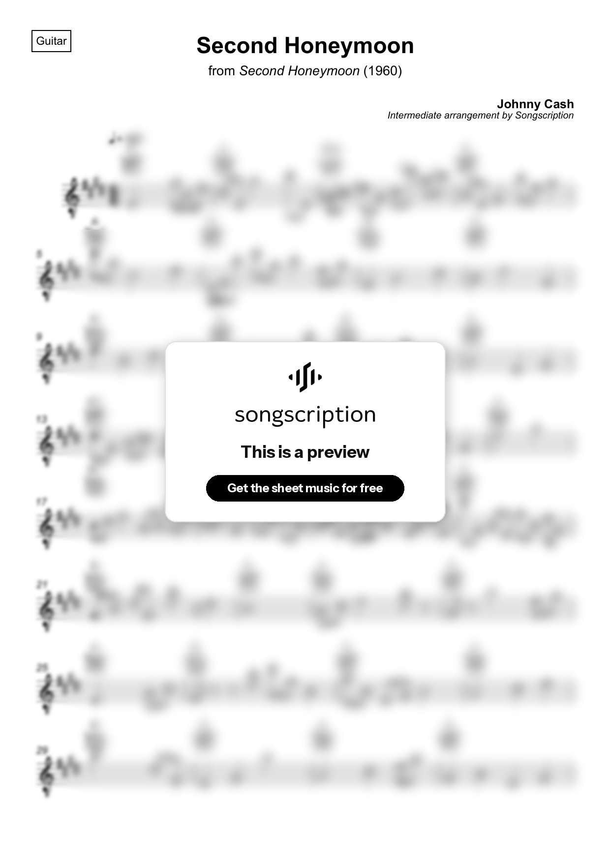 Intermediate Acoustic Guitar Sheet Music for "Second Honeymoon" by Johnny Cash