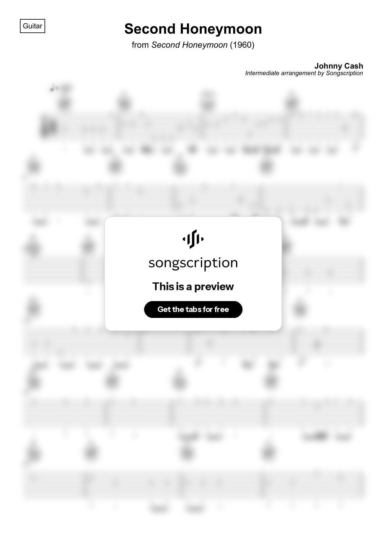 Intermediate Acoustic Guitar Tabs for "Second Honeymoon" by Johnny Cash