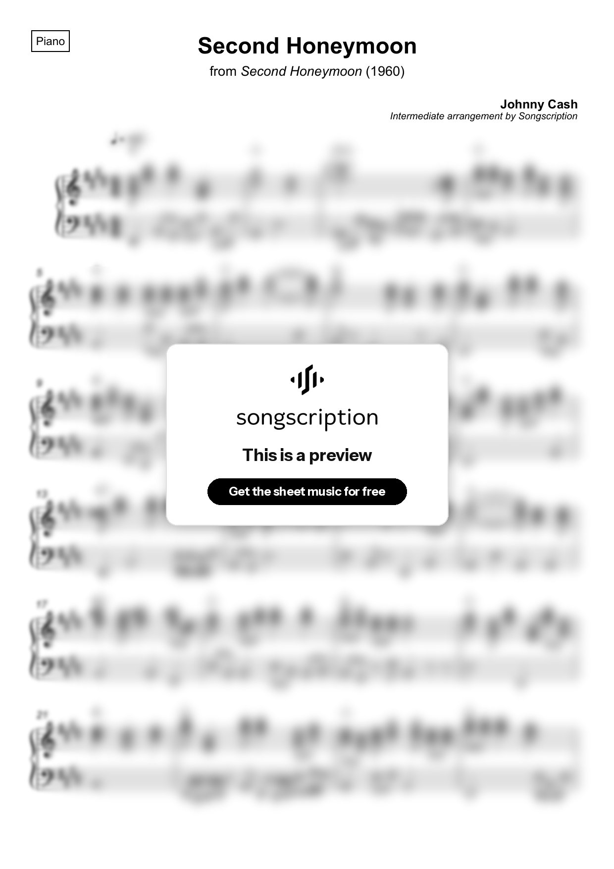 Intermediate Piano Sheet Music for "Second Honeymoon" by Johnny Cash