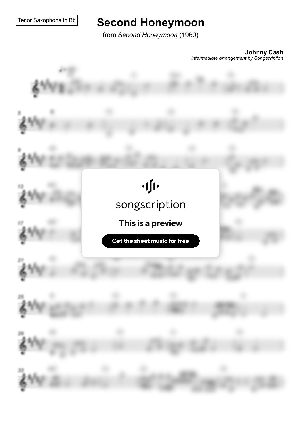 Intermediate Tenor Sax Sheet Music for "Second Honeymoon" by Johnny Cash