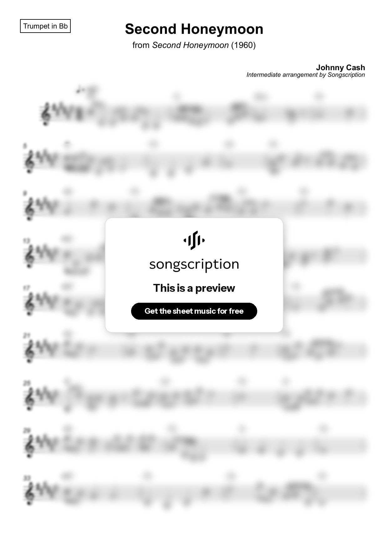 Intermediate Trumpet Sheet Music for "Second Honeymoon" by Johnny Cash