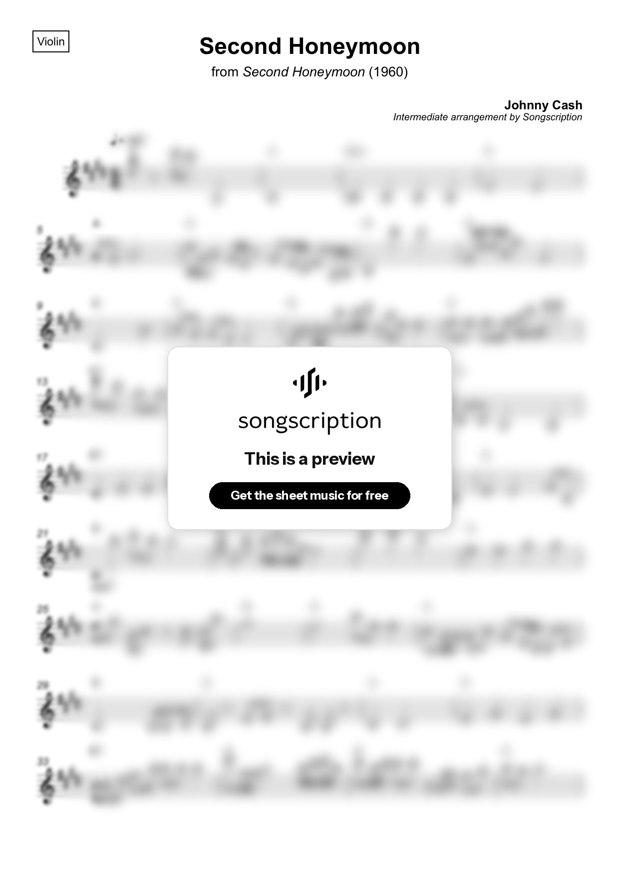 Intermediate Violin Sheet Music for "Second Honeymoon" by Johnny Cash