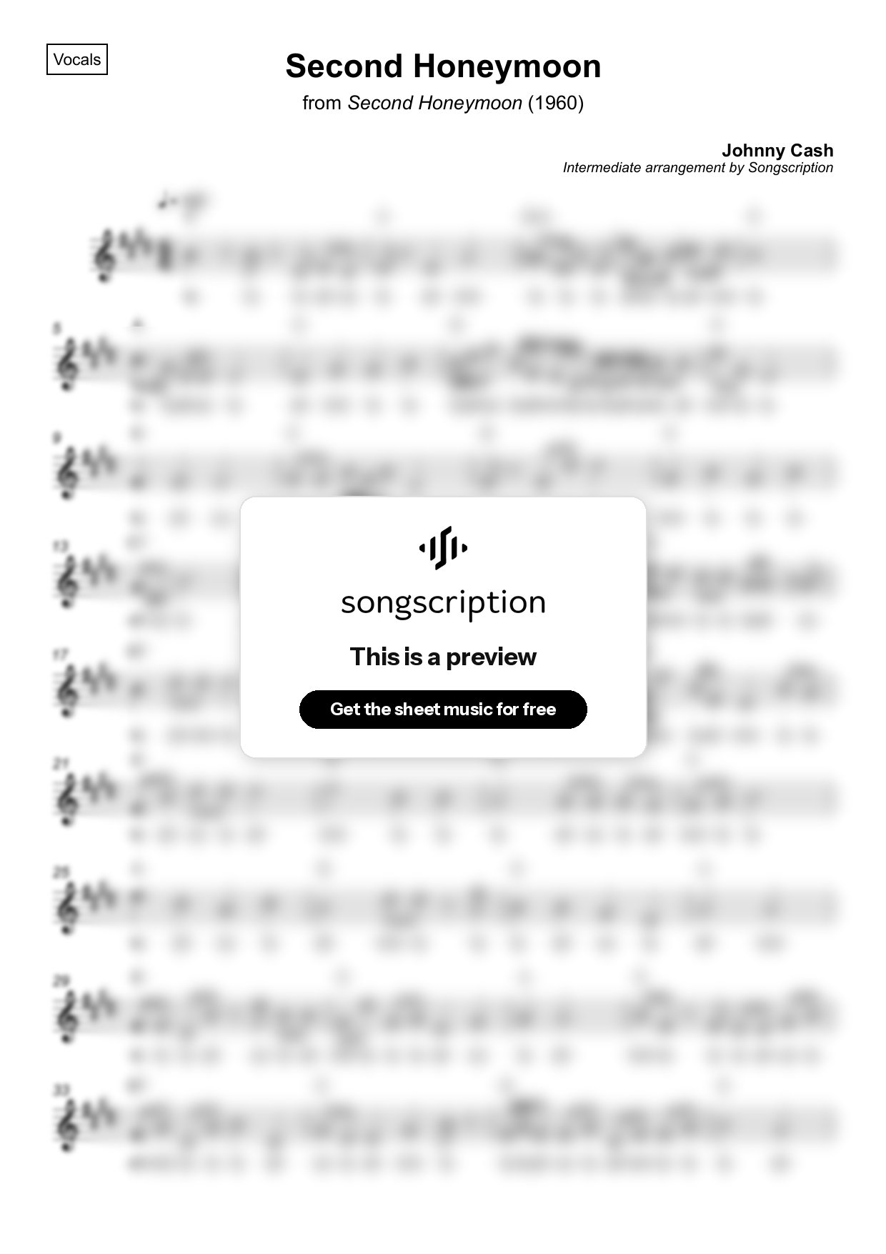 Intermediate Vocals Sheet Music for "Second Honeymoon" by Johnny Cash